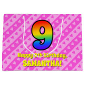 Grand Sac Cadeau 9e anniversaire : Pink Stripes & Hearts, Rainbow # (Devant)