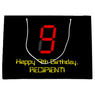 Grand Sac Cadeau 9e anniversaire : Rouge Digital Horloge Style "9"