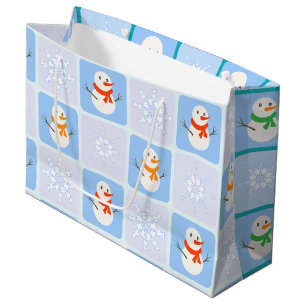 Grand Sac Cadeau À damiers hiver bonhomme de neige motif et flocons