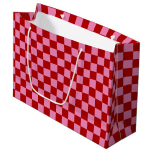 Grand Sac Cadeau à damiers rouge et rose chaud