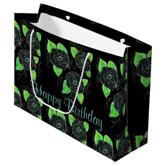 Grand sac cadeau à fleurs noires (Devant Angle)