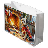 Grand Sac Cadeau Affenpinscher Sitting Fireplace Christmas Lights (Dos Angle)