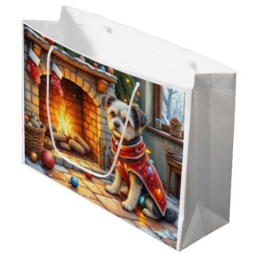 Grand Sac Cadeau Affenpinscher Sitting Fireplace Christmas Lights (Devant Angle)