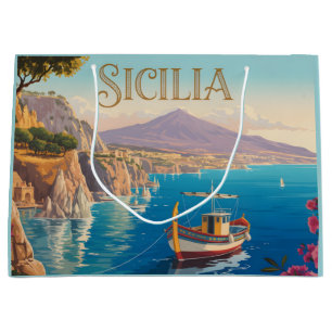 Grand Sac Cadeau Affiche de voyage de style vintage pour la Sicile