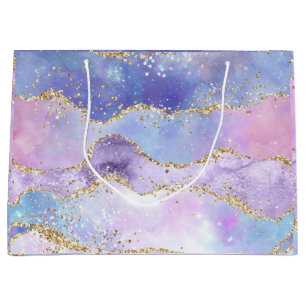 Grand Sac Cadeau Aigue-marine Agate Or Paillettes Rose Violet Bleu