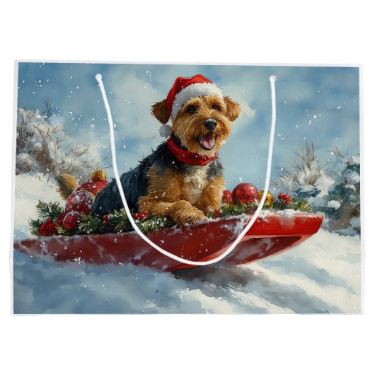 Grand Sac Cadeau Airedale Chien dans la boue Laisser neiger Noël (Dos)