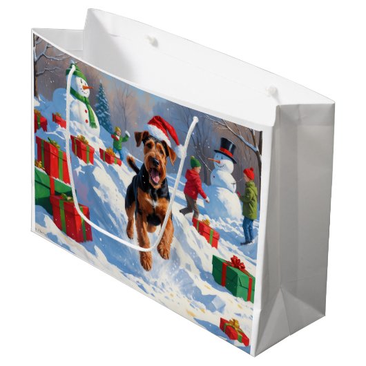 Grand Sac Cadeau Airedale Noël Festive Scène de neige (Devant Angle)