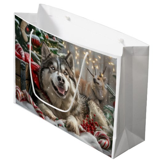 Grand Sac Cadeau Alaskan Malamute Chien Fête de Noël (Devant Angle)