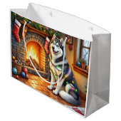 Grand Sac Cadeau Alaskan Malamute Fireplace with Christmas Lights (Dos Angle)
