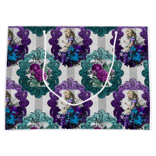 Grand Sac Cadeau Alice au pays des merveilles, cadre vert pourpre (Devant)