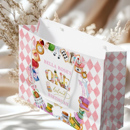 Grand Sac Cadeau Alice in Wonderland 1st birthday Pink 
