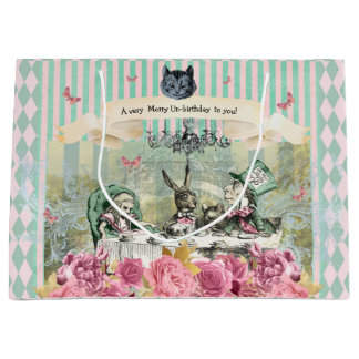 Grand Sac Cadeau Alice Whimsical bleu rayé floral unanniversaire 