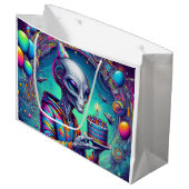 Grand Sac Cadeau Alien tenant Birthday Cake (Devant Angle)