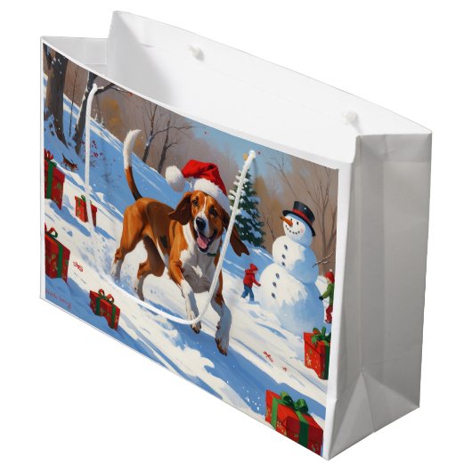 Grand Sac Cadeau American English Foxhound Noël Festive Neige (Devant Angle)