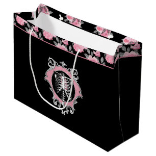 Grand Sac Cadeau Amour gothique   Squelette rose et noir Coeur flor