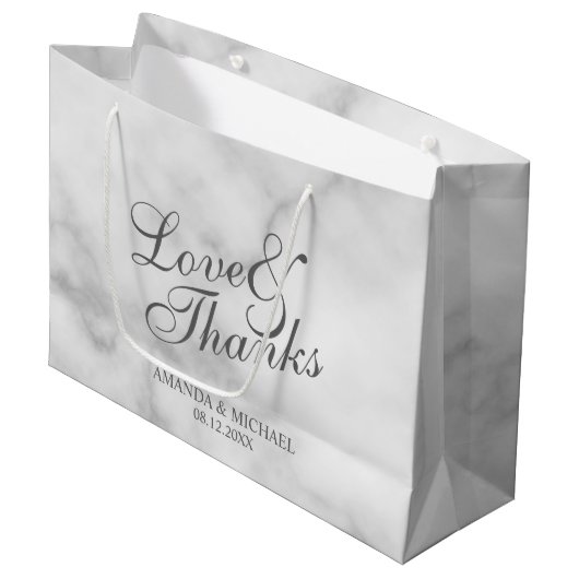 Grand Sac Cadeau Amour & Merci Classy Élégant Marbre Mariage Faveur (Devant Angle)