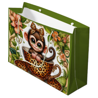 Grand Sac Cadeau Amoureux de singes en tasse à thé mignons fête