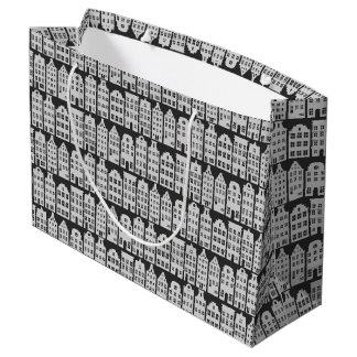 Grand Sac Cadeau Amsterdam Canal Row Maisons Charcoal Silver Motif