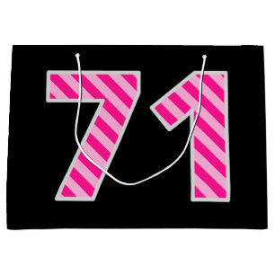 Grand Sac Cadeau Amusant "71" rayé rose ; Joyeux 71e anniversaire ;