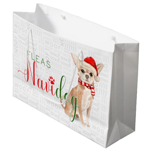 Grand Sac Cadeau Amusant Noël Fleas Navidog Chihuahua (Devant Angle)