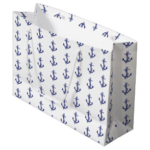 Grand Sac Cadeau Ancrage nautique bleu et blanc