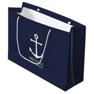Grand Sac Cadeau Ancre Bleue marine Nautique Groomsmen personnalisé