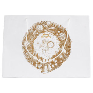 Grand Sac Cadeau Ange de Noël d'or-couronne-Joyeux Noël
