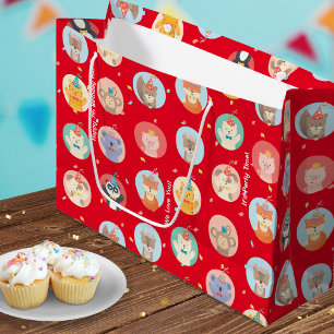 Grand Sac Cadeau Animaux mignons en Casquette de fête Enfants Rouge