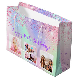 Grand Sac Cadeau Anniversaire arc-en-ciel rose parties scintillant