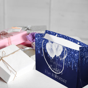 Grand Sac Cadeau Anniversaire bleu marine parties scintillant blanc