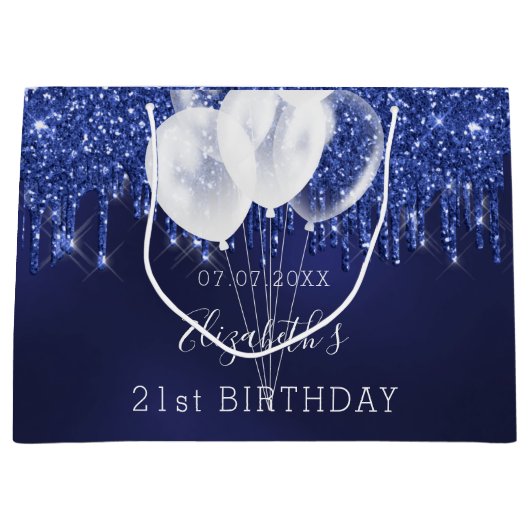 Grand Sac Cadeau Anniversaire bleu marine parties scintillant blanc (Devant)
