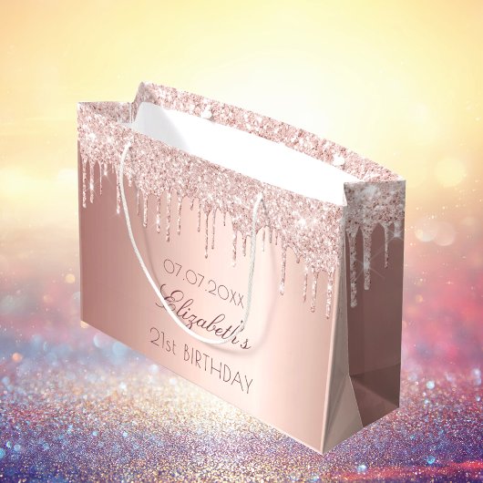 Grand Sac Cadeau Anniversaire blush rose or gouttes nom