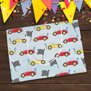 Grand Sac Cadeau Anniversaire Boy Whimsical Race Cars mignon Motif