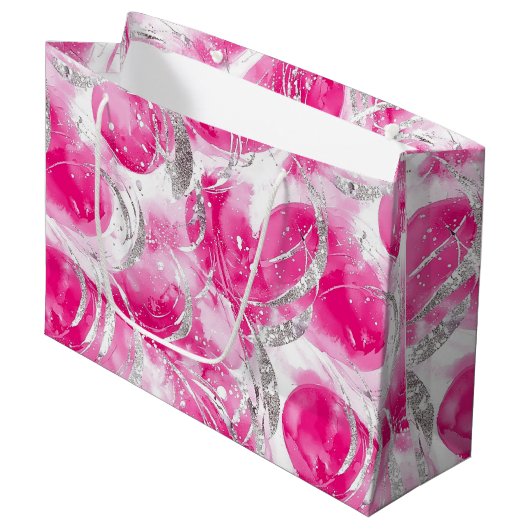 Grand Sac Cadeau Anniversaire Cercles Abstraits Glam Argent Rose (Devant Angle)