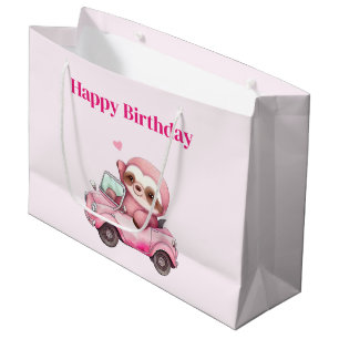Grand Sac Cadeau Anniversaire de naissance de paresseux rose souria