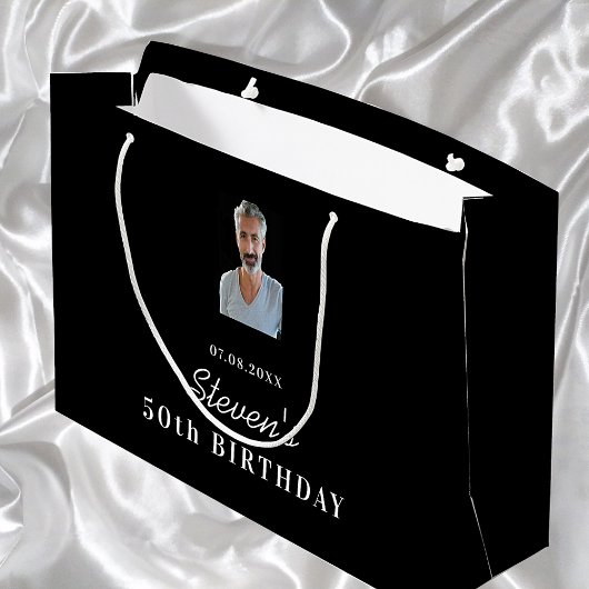Grand Sac Cadeau Anniversaire noir blanc photo nom monogramme