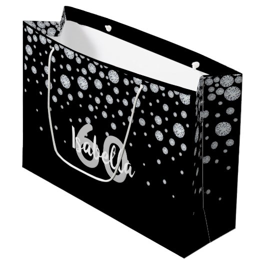 Grand Sac Cadeau Anniversaire noir diamants argent monogramme (Devant Angle)