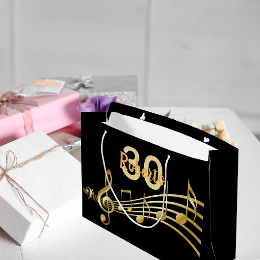 Grand Sac Cadeau Anniversaire noir notes de musique or monogramme