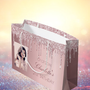 Grand Sac Cadeau Anniversaire rose pâle gouttes de parties scintill