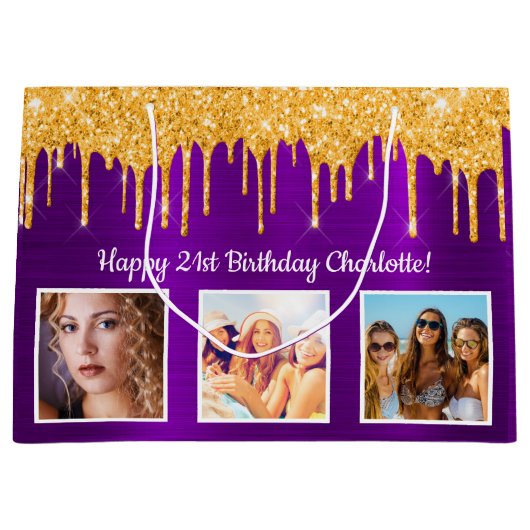 Grand Sac Cadeau Anniversaire violet or parties scintillant gouttes (Devant)