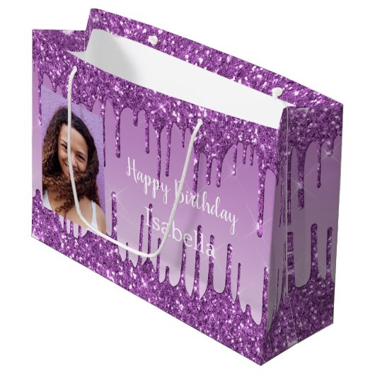 Grand Sac Cadeau Anniversaire violet parties scintillant gouttes no (Devant Angle)