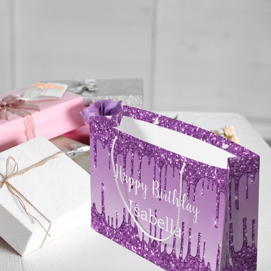 Grand Sac Cadeau Anniversaire violet parties scintillant nom goutte