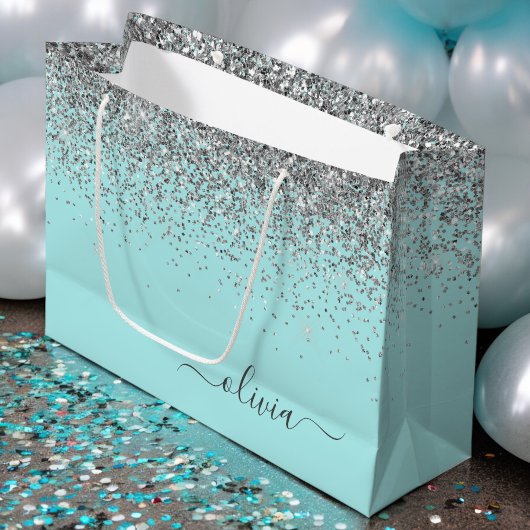Grand Sac Cadeau Aqua bleu Turquoise Parties scintillant argent Mon