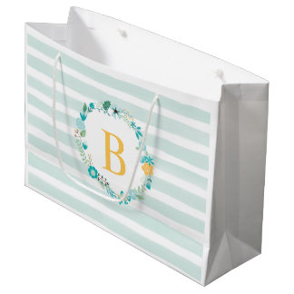 Grand Sac Cadeau Aqua et Yellow Monogramme Floral Wreath