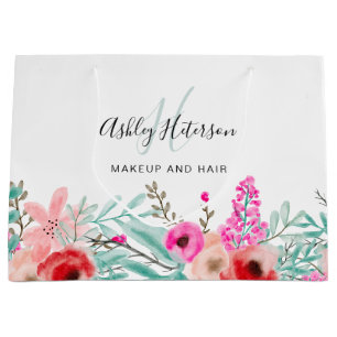 Grand Sac Cadeau Aquarelle à fleurs rose menthe maquillage monogram
