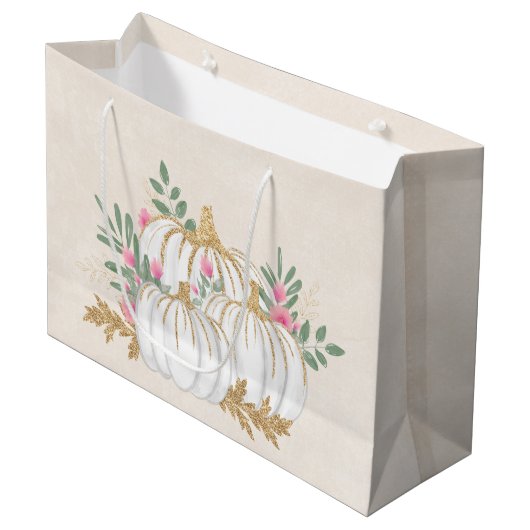 Grand Sac Cadeau Aquarelle blanche et Citrouille or (Devant Angle)