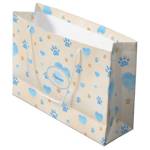 Grand Sac Cadeau Aquarelle Bleu Coeurs et Empreintes de pattes Moti