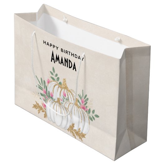 Grand Sac Cadeau Aquarelle Citrouille blanche et or Anniversaire (Devant Angle)