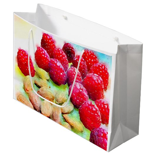 Grand Sac Cadeau Aquarelle de framboises et d'amandes (Devant Angle)