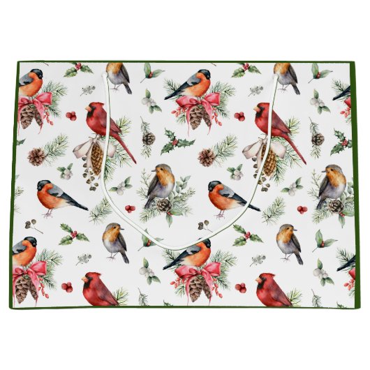 Grand Sac Cadeau Aquarelle de Noël Cardinal Robin Pinecones (Devant)